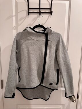 Nike Light Gray Asymmetric Zip Kids Hooded Jacket with Black Trim